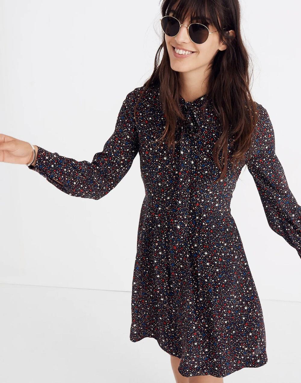 Madewell Balsam Tie Neck Silk Dress 0 Starry Night Mini Long Sleeve XS